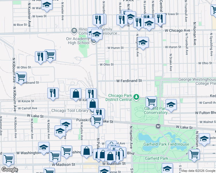 map of restaurants, bars, coffee shops, grocery stores, and more near 435 North Harding Avenue in Chicago