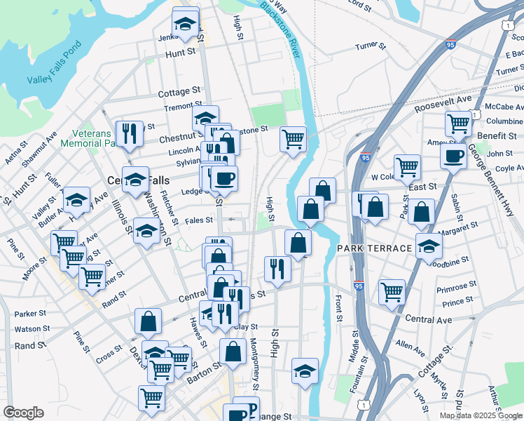 map of restaurants, bars, coffee shops, grocery stores, and more near 15 George Street in Central Falls