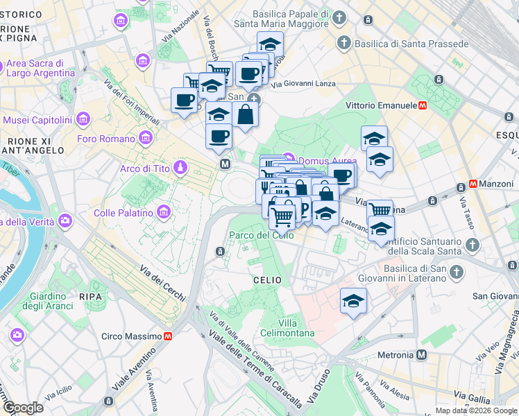 map of restaurants, bars, coffee shops, grocery stores, and more near 5 Piazza del Colosseo in Rome