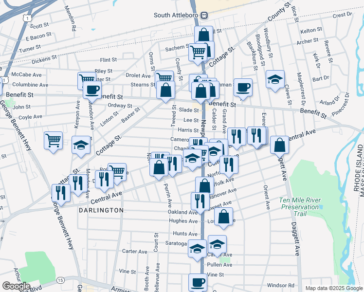 map of restaurants, bars, coffee shops, grocery stores, and more near 133 Chaplin Street in Pawtucket