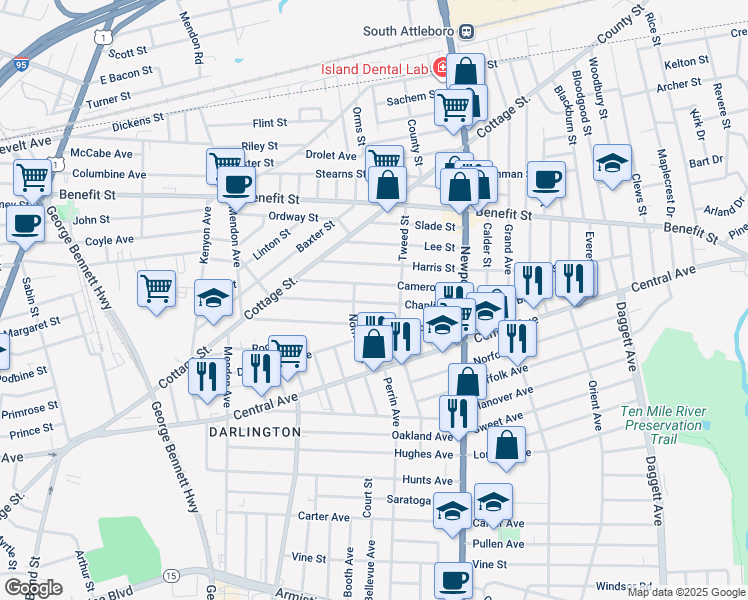 map of restaurants, bars, coffee shops, grocery stores, and more near 99 Chaplin Street in Pawtucket