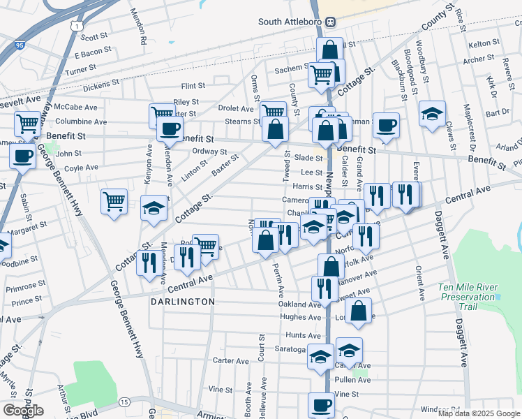 map of restaurants, bars, coffee shops, grocery stores, and more near 99 Chaplin Street in Pawtucket