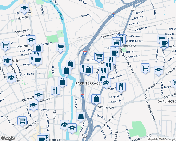 map of restaurants, bars, coffee shops, grocery stores, and more near 78 1/2 Japonica Street in Pawtucket