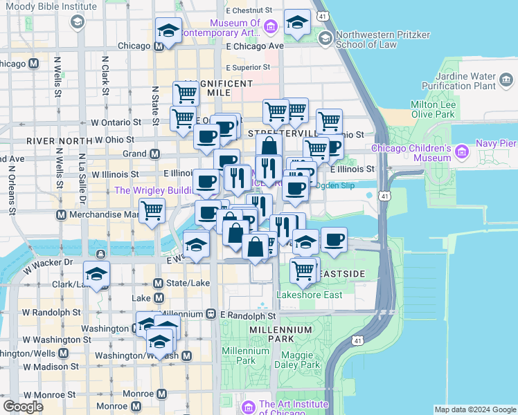 map of restaurants, bars, coffee shops, grocery stores, and more near 330 East Wacker Drive in Chicago