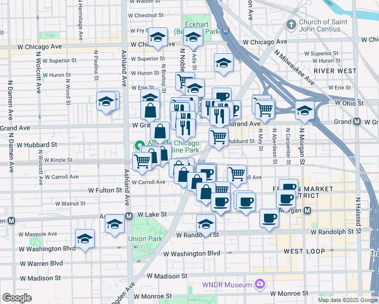 map of restaurants, bars, coffee shops, grocery stores, and more near 409 North Noble Street in Chicago