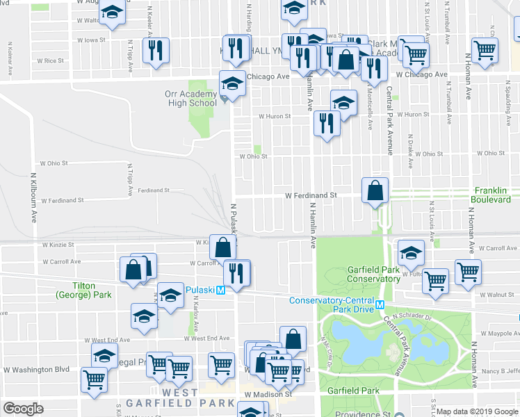 map of restaurants, bars, coffee shops, grocery stores, and more near 435 North Harding Avenue in Chicago