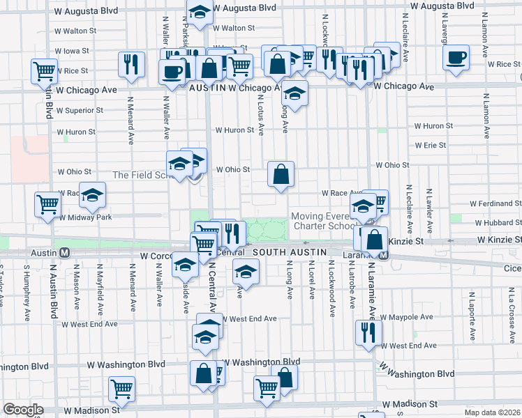 map of restaurants, bars, coffee shops, grocery stores, and more near 5438 West Ferdinand Street in Chicago