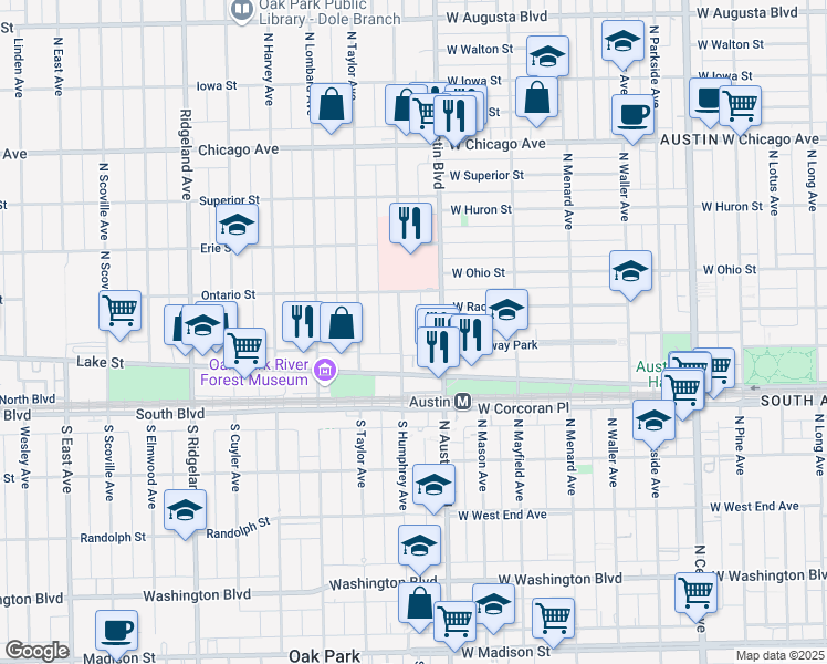 map of restaurants, bars, coffee shops, grocery stores, and more near 444 North Austin Boulevard in Oak Park