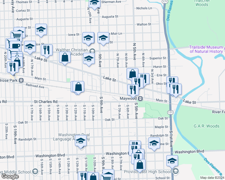 map of restaurants, bars, coffee shops, grocery stores, and more near 1 North 8th Avenue in Maywood