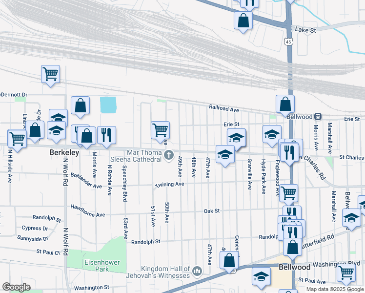 map of restaurants, bars, coffee shops, grocery stores, and more near 4807 Saint Charles Road in Bellwood