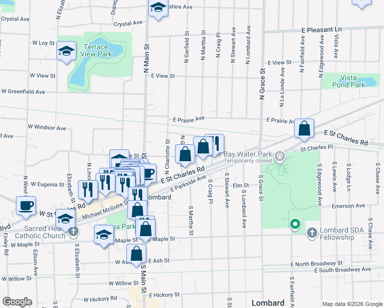 map of restaurants, bars, coffee shops, grocery stores, and more near 143 East Grove Street in Lombard