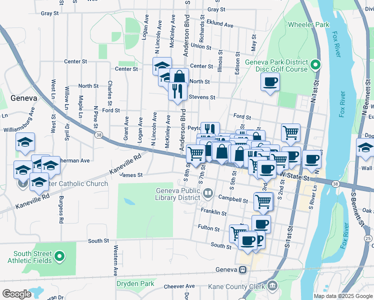 map of restaurants, bars, coffee shops, grocery stores, and more near 2 Anderson Boulevard in Geneva