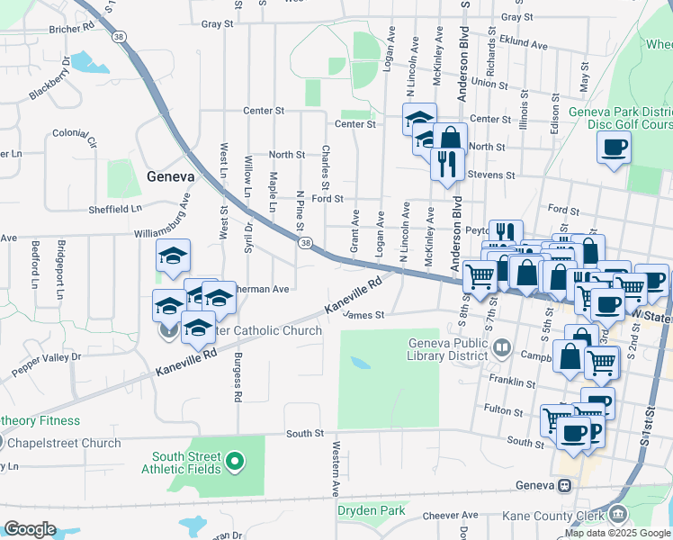 map of restaurants, bars, coffee shops, grocery stores, and more near 1340 West State Street in Geneva