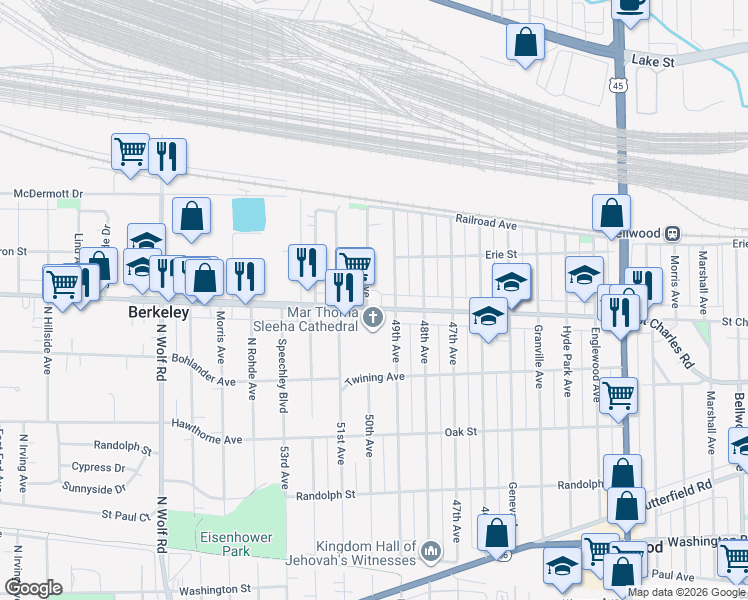 map of restaurants, bars, coffee shops, grocery stores, and more near 135 50th Avenue in Bellwood