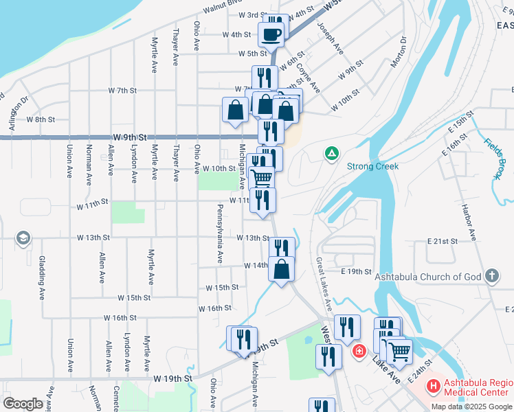 map of restaurants, bars, coffee shops, grocery stores, and more near 1620 West 11th Street in Ashtabula
