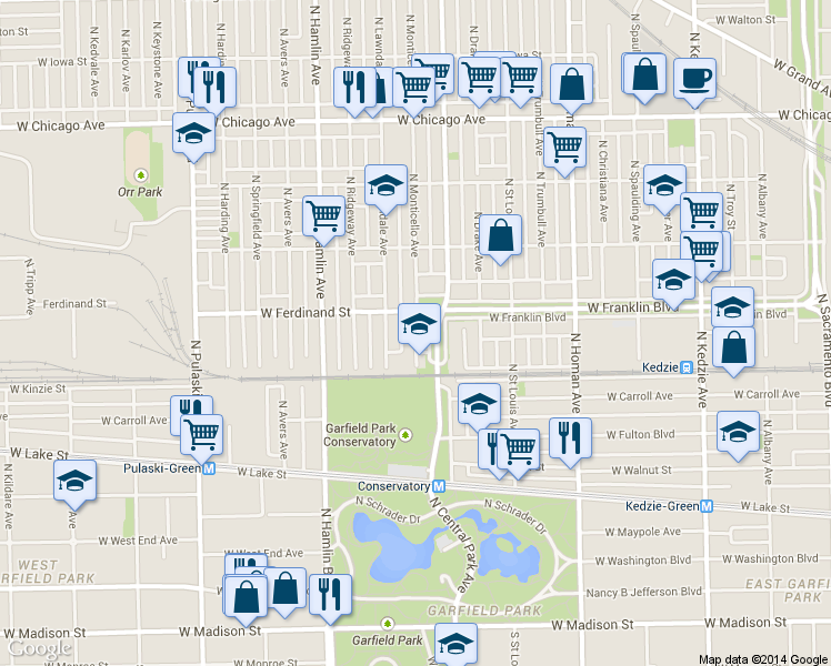 map of restaurants, bars, coffee shops, grocery stores, and more near 440 North Monticello Avenue in Chicago