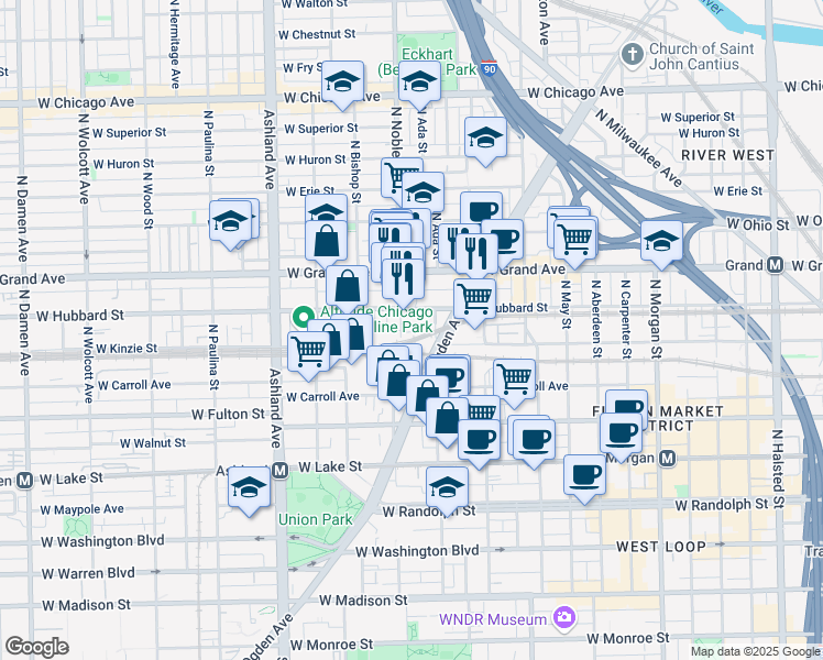 map of restaurants, bars, coffee shops, grocery stores, and more near 409 North Noble Street in Chicago