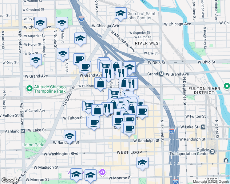 map of restaurants, bars, coffee shops, grocery stores, and more near 1046 West Kinzie Street in Chicago