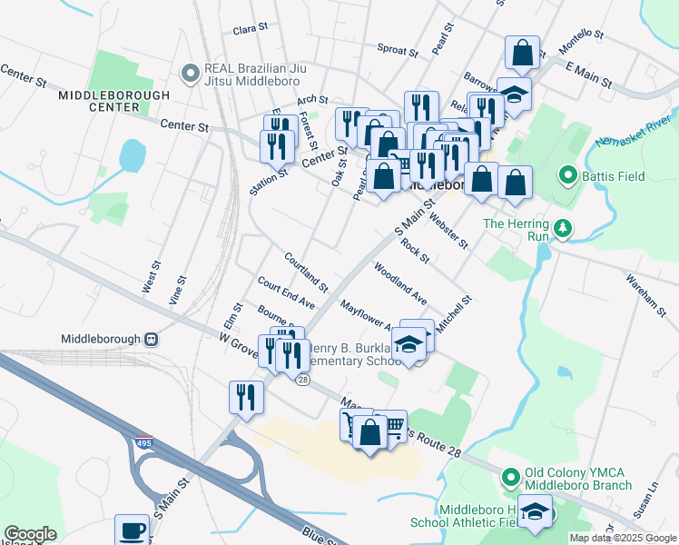 map of restaurants, bars, coffee shops, grocery stores, and more near 83 South Main Street in Middleborough