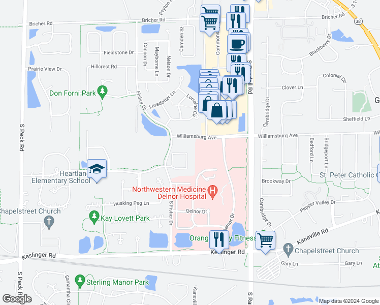 map of restaurants, bars, coffee shops, grocery stores, and more near 2687 Stone Circle in Geneva
