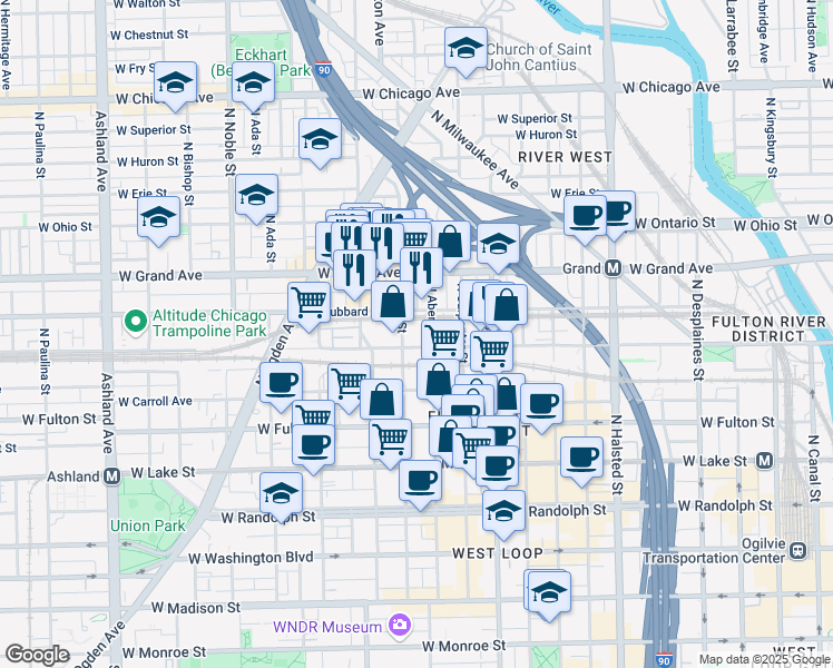 map of restaurants, bars, coffee shops, grocery stores, and more near 401 North May Street in Chicago
