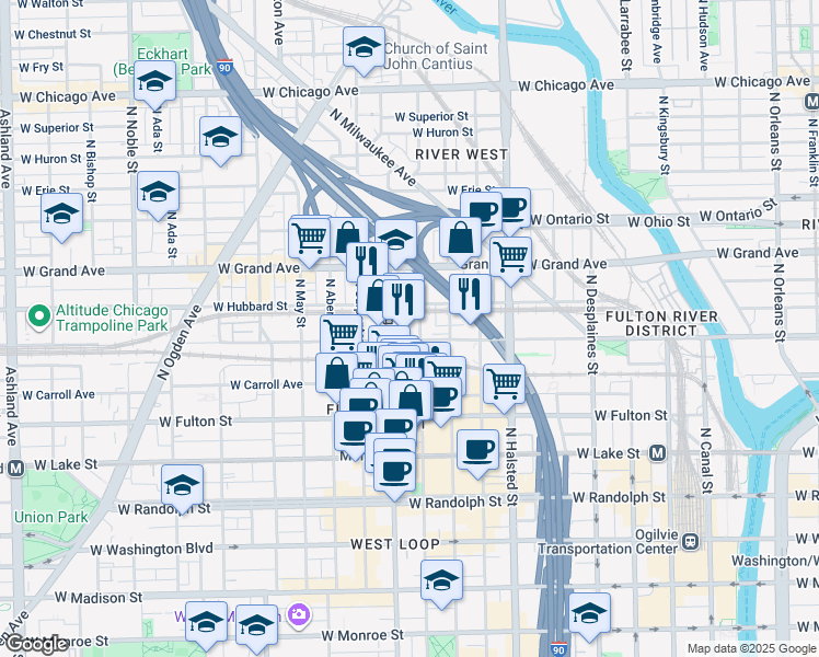 map of restaurants, bars, coffee shops, grocery stores, and more near 933 West Kinzie Street in Chicago