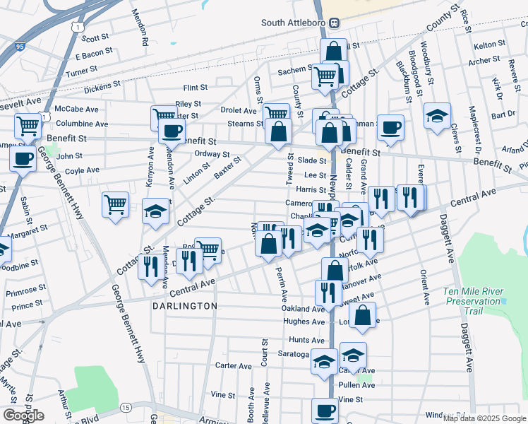 map of restaurants, bars, coffee shops, grocery stores, and more near 99 Chaplin Street in Pawtucket