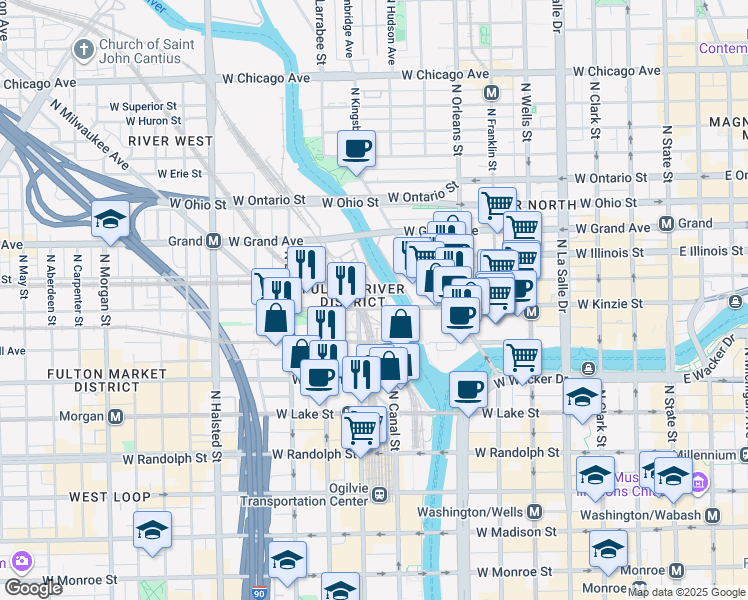 map of restaurants, bars, coffee shops, grocery stores, and more near 517 West Kinzie Street in Chicago