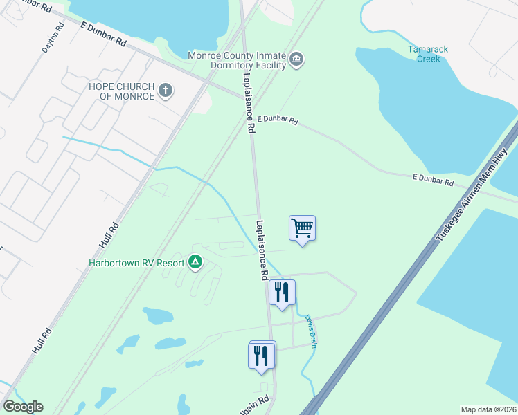 map of restaurants, bars, coffee shops, grocery stores, and more near 14931 Laplaisance Road in Monroe