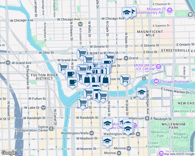 map of restaurants, bars, coffee shops, grocery stores, and more near 300 North La Salle Street in Chicago