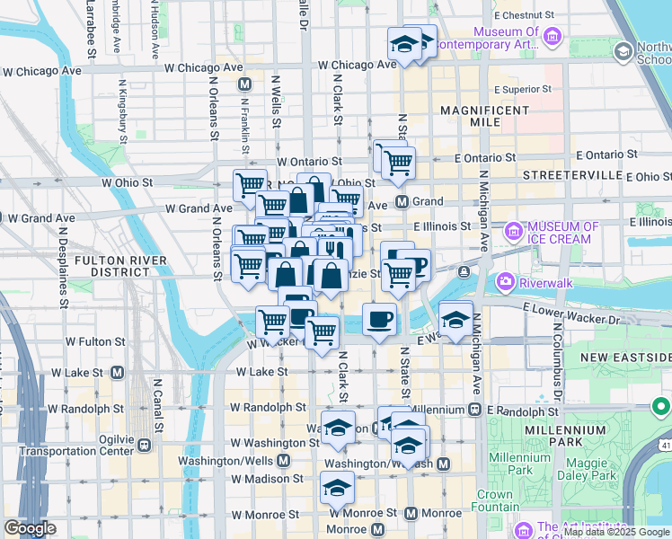 map of restaurants, bars, coffee shops, grocery stores, and more near 113 West Kinzie Street in Chicago