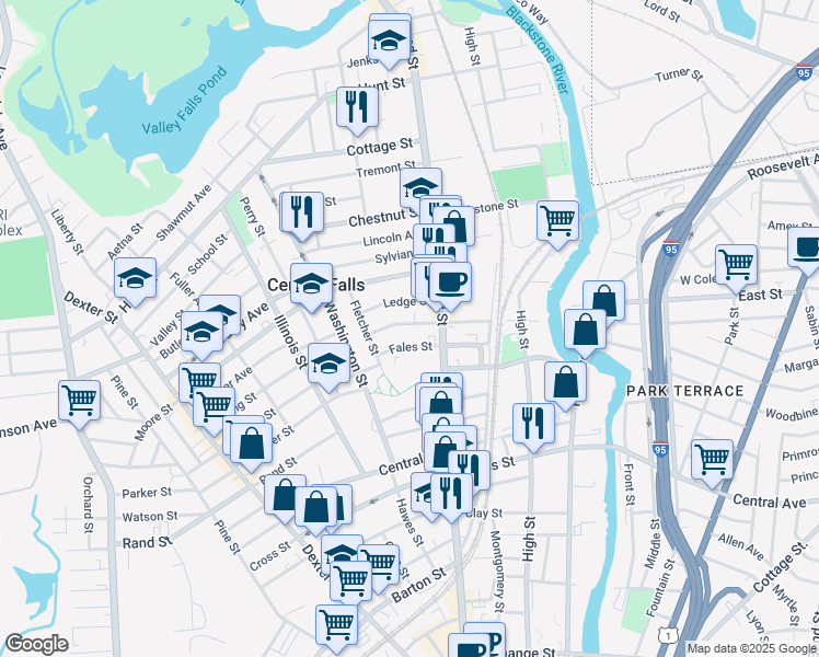 map of restaurants, bars, coffee shops, grocery stores, and more near 45 Fales Street in Central Falls