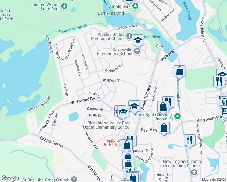 map of restaurants, bars, coffee shops, grocery stores, and more near 27 Wood Road in Lincoln