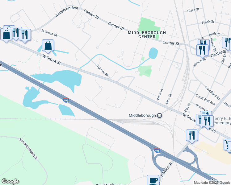 map of restaurants, bars, coffee shops, grocery stores, and more near 150 West Grove Street in Middleborough
