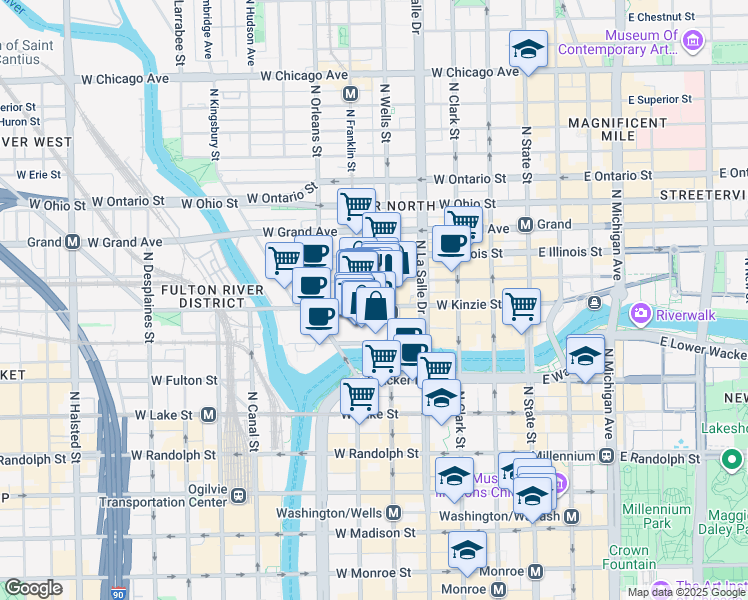 map of restaurants, bars, coffee shops, grocery stores, and more near 470 West Merchandise Mart Plaza in Chicago