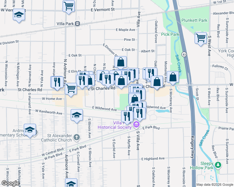 map of restaurants, bars, coffee shops, grocery stores, and more near 25 South Euclid Avenue in Villa Park