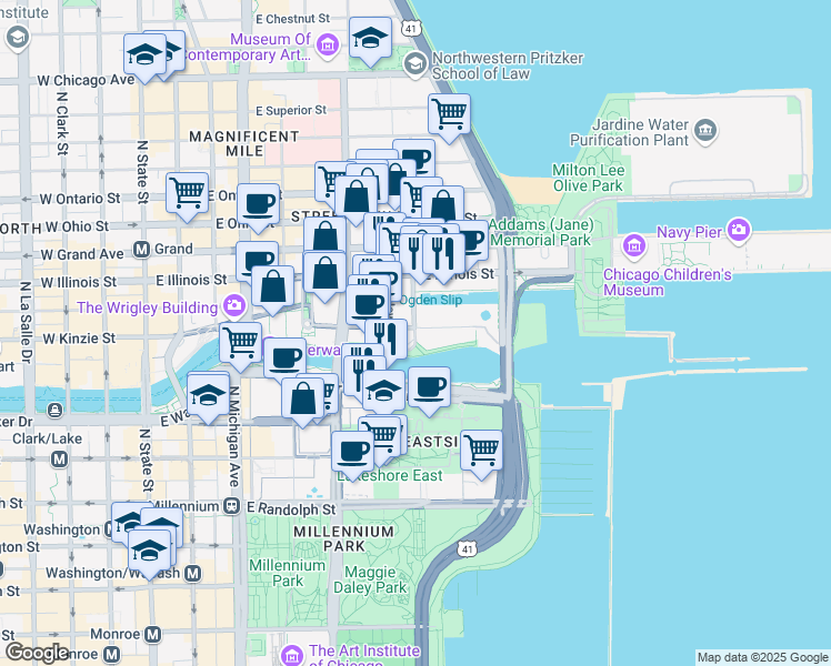 map of restaurants, bars, coffee shops, grocery stores, and more near 410 North McClurg Court in Chicago