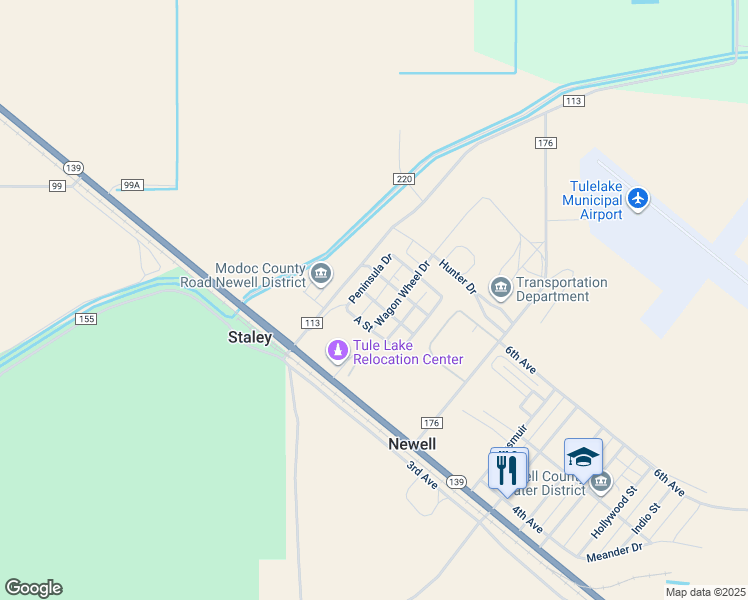 map of restaurants, bars, coffee shops, grocery stores, and more near 119 B Street in Tulelake