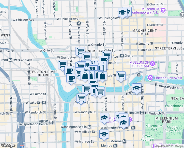 map of restaurants, bars, coffee shops, grocery stores, and more near 160 West Kinzie Street in Chicago