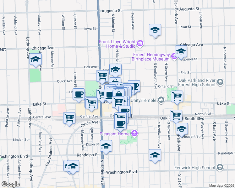 map of restaurants, bars, coffee shops, grocery stores, and more near 1048 Lake Street in Oak Park