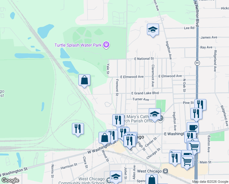 map of restaurants, bars, coffee shops, grocery stores, and more near 370 Fremont Street in West Chicago