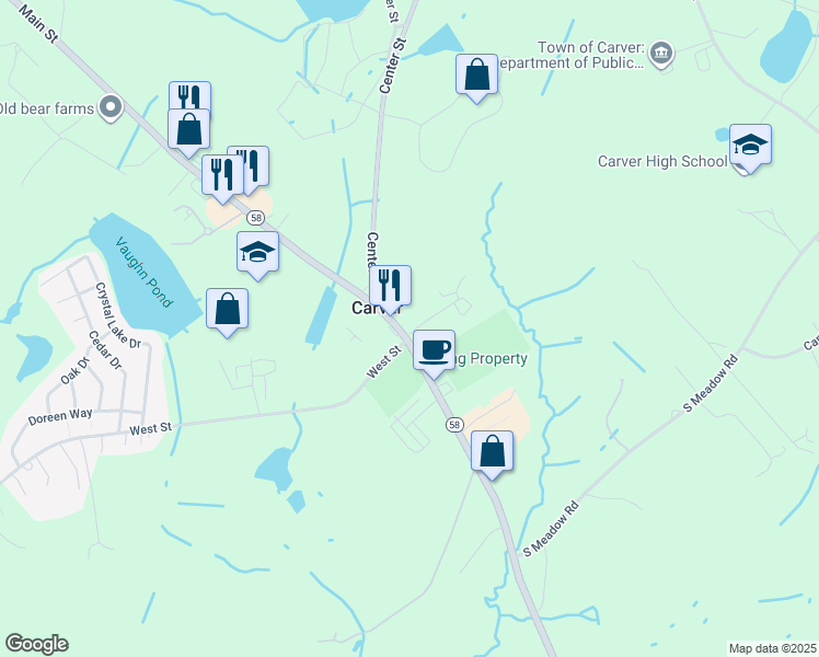 map of restaurants, bars, coffee shops, grocery stores, and more near 108 Main Street in Carver