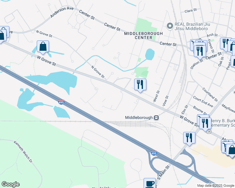 map of restaurants, bars, coffee shops, grocery stores, and more near 150 West Grove Street in Middleborough