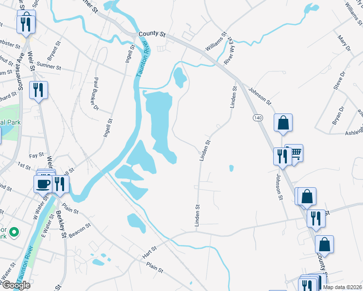 map of restaurants, bars, coffee shops, grocery stores, and more near 1303 Carriage Lane in Taunton