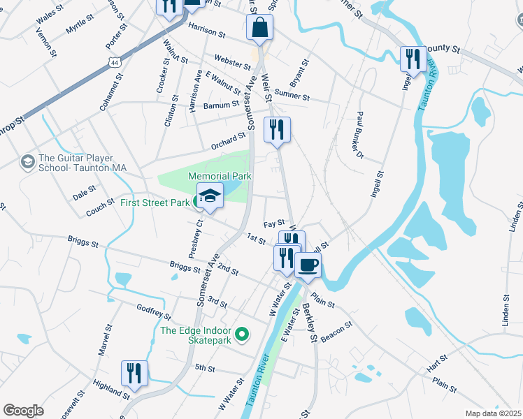 map of restaurants, bars, coffee shops, grocery stores, and more near 11 Fay Street in Taunton