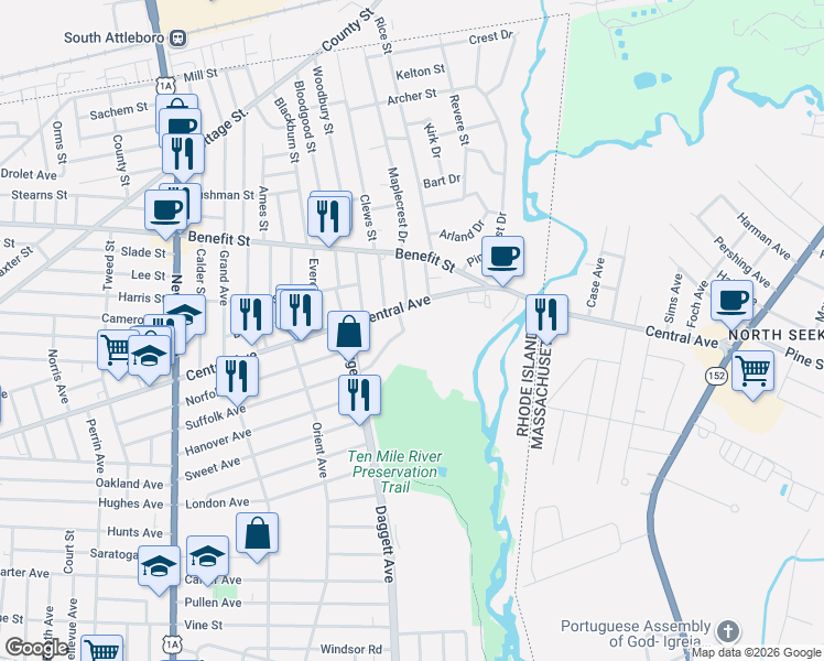 map of restaurants, bars, coffee shops, grocery stores, and more near 59 Seba Kent Road in Pawtucket
