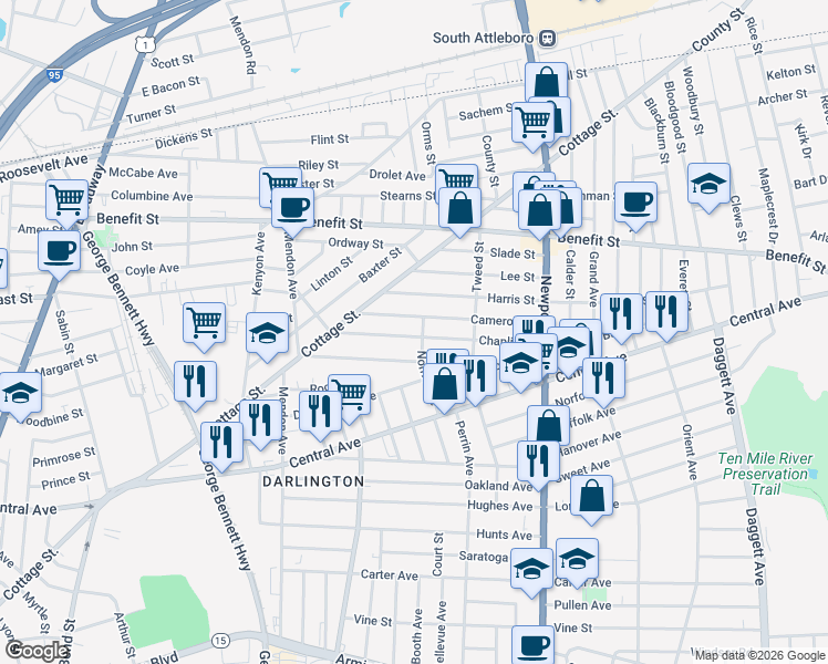 map of restaurants, bars, coffee shops, grocery stores, and more near 65 Chaplin Street in Pawtucket