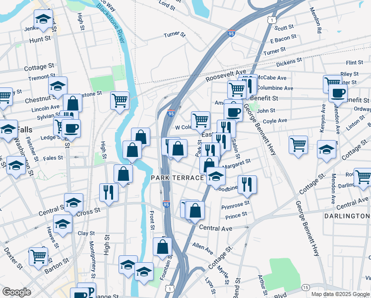 map of restaurants, bars, coffee shops, grocery stores, and more near 78 1/2 Japonica Street in Pawtucket