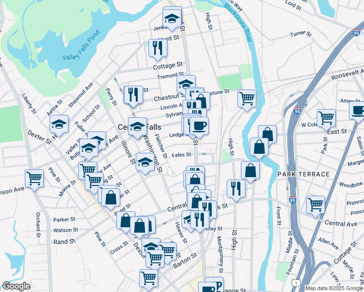 map of restaurants, bars, coffee shops, grocery stores, and more near 45 Fales Street in Central Falls