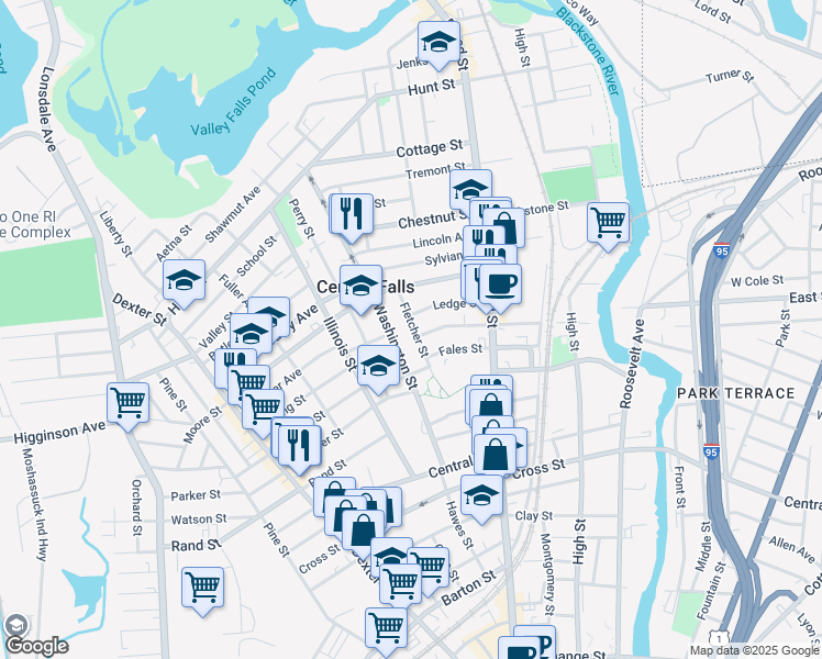 map of restaurants, bars, coffee shops, grocery stores, and more near 93 Washington Street in Central Falls